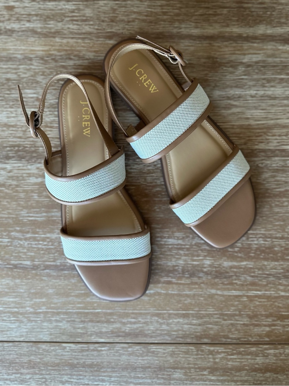 J. Crew Tan and White Double-Strap Flat Sandals NWOT